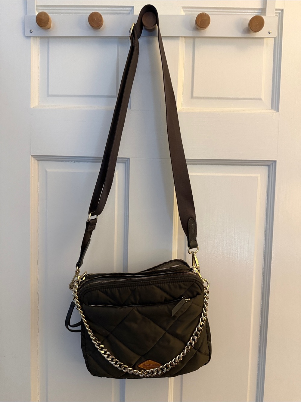MZ Wallace Quilted Crossbody Bag in Olive with Gold Hardware